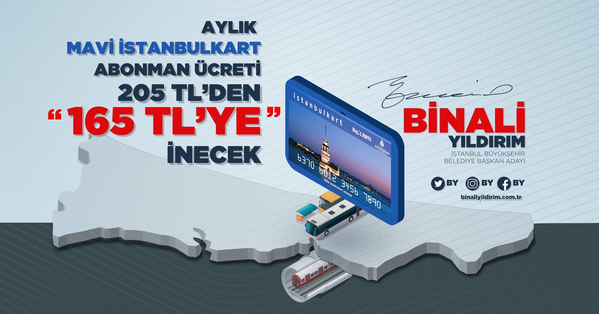 Metrolar, Metrobüsler, Marmaraylar yaptık. Öğrenci akbilini 40 TL’ye indirdik. Şimdi de Mavi İstanbulkart abonman ücretini 205 TL’den 165 TL’ye düşüreceğiz. Daha önce yaptık #YineBizYaparız ⚡