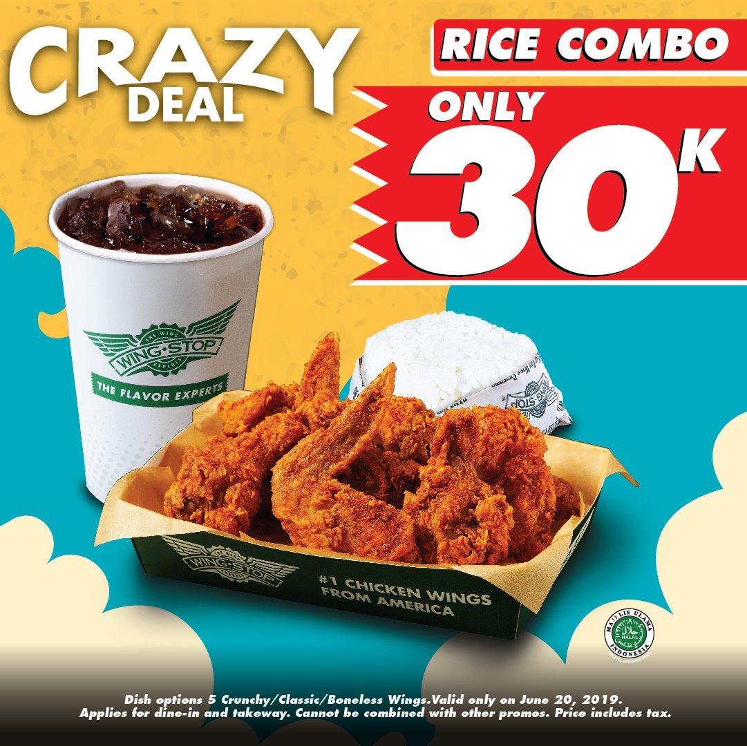 Calling out Wingstop Lovers!! It's your midweek surprise. Buy Rice Combo for 30K. Enjoy this Crazy Deal only on June 20, 2019.

Applies for Dine-in and takeaway all Wingstop store TOMORROW. 

#WingstopID #Wingstop #FlavorExperts #CrazyDeal