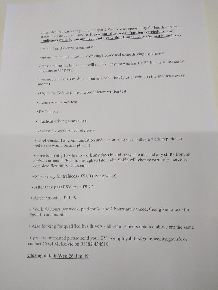 DundeeEmploy's tweet photo. Interested in a career in public transport? Please see below for details. Please send CV to employability@dundeecity.gov.uk. Call Carol McKelvie 01382 434519 for queries. Closing date Wed 26 Jun 19 #esif #getdundeeworking https://t.co/FiwF9ZplBJ