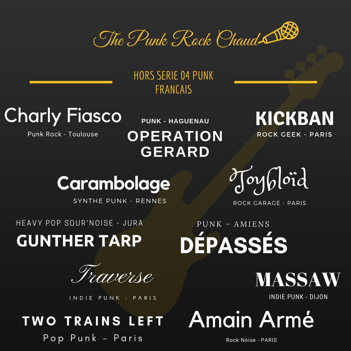 L'épisode 4 sur les groupes français sortira ce soir! Merci à tous pour votre participation et vive le rock'n'roll! <a href="/TwoTrainsLeft/">Two Trains Left</a> , Traverse, <a href="/Amain_Arme/">Amain Armé</a>, Massaw, Dépassés, Gunther Tarp, <a href="/TOYBLOID/">TOYBLOÏD</a> , Carambolage, <a href="/kickban42/">Kickban</a> , Operation Gerard, @charlyfiasco !