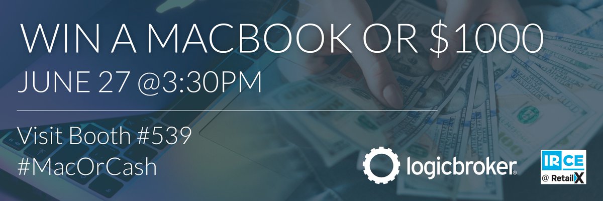 logicbroker's tweet photo. #MacOrCash is back! Guaranteed to be the most exciting giveaway at #IRCE, 1 winner has the choice to win a MacBook Air or $1,000 cash! To enter, stop by booth 539. See a demo of our modern drop ship automation solution and receive an extra entry to win! Good luck 😃 https://t.co/NuK5pF0laP