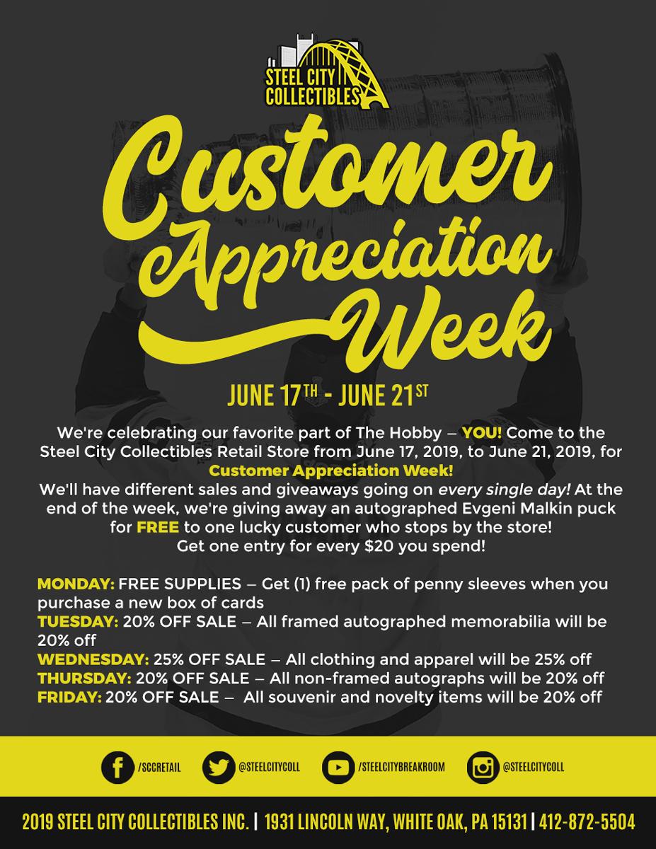 SCCRetailStore's tweet photo. Customer Appreciation Week at the Steel City Collectibles continues today!
Stop by for 25% off all in-store clothing and apparel — TODAY ONLY!
More info: https://t.co/u0SjzghQxo
#TheHobby #Collect #SupportYourLocalCardShop #Pittsburgh #Pens #Pirates #Steelers #Autographs https://t.co/jtFL6amuQF