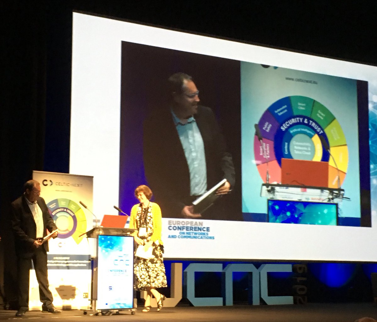 CelticNext's tweet photo. This years CELTIC Excellence Award in the category network technologies goes to SOOGREEN lead by Dominique Bodere from @Orange_Future @EuCNC #CelticEvent #Eurekanetwork. Congratulation to the team! https://t.co/mdkl2ZWlmS