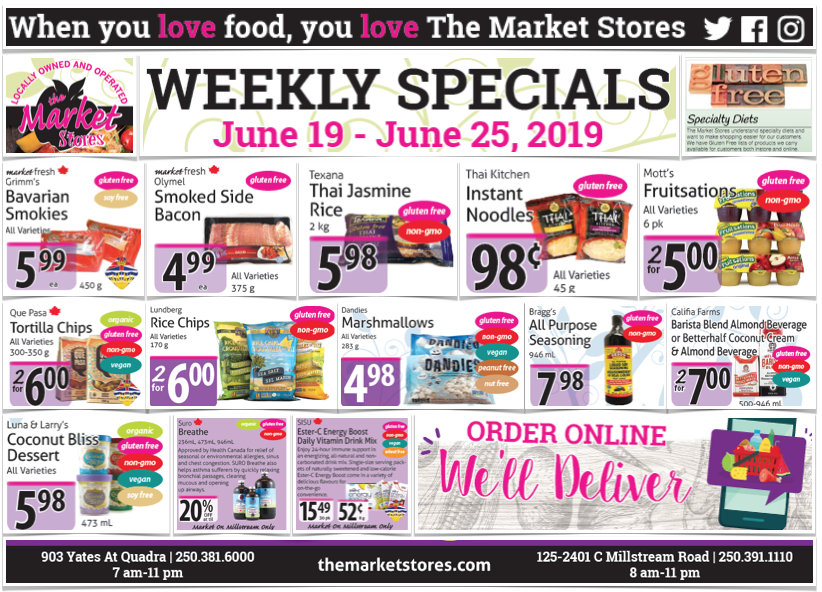 It's Out! <a href="/themarketstores/">The Market Stores</a> Gluten-Free Flyer! Super sale on <a href="/GrimmsFoods/">Grimm's Fine Foods</a> Bavarian Smokies! See bit.ly/25hAeYA @shoplocalyyj @_islandgood  #glutenfree #celiac #yyj #downtown #millstream #orderonline #bbqseason #summerfun
