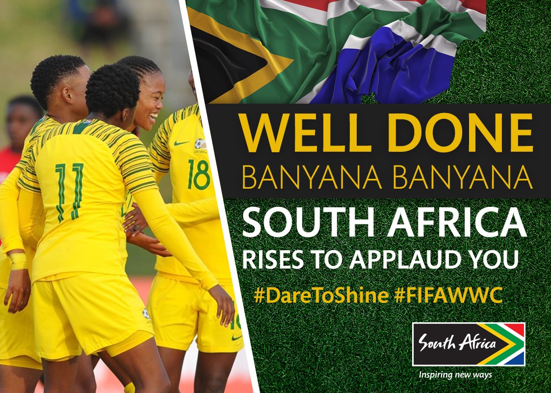 Brand_SA's tweet photo. Welcome home @Banyana_Banyana. Thank you for representing the Nation and flying the flag high in France. SA is proud and applauds you for the relentless determination and passion exhibited at the @FIFAWWC. Well done! #TeamSA #DareToShine #FIFAWWC #CompetitiveSA 🇿🇦@SPORTandREC_RSA https://t.co/lFXpT6vk7K