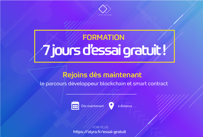 alyraBlockchain's tweet photo. 🔥Profite dès maintenant de 7 jours d'accès gratuit au parcours "Développeur·se #blockchain et smart contract" 😮 Plus d'informations sur la #formation : https://t.co/ttF9dSiAm3 https://t.co/fzA6U7fXOq