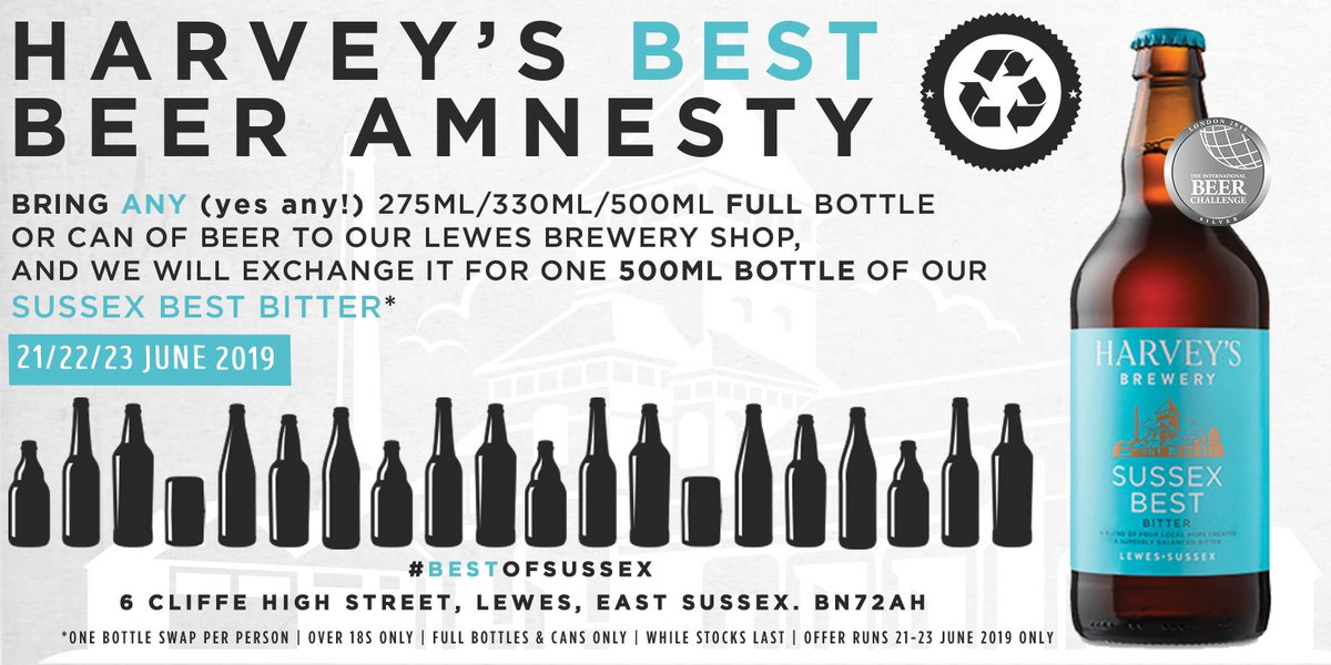 Harveys1790's tweet image. Harvey's Best Beer Amnesty Weekend!
Pop by our Lewes Brewery Shop Fri-Sun &amp;amp; SWAP ANY full bottle/can of beer you have, under 500ml, for one 500ml bottle of our Sussex Best Bitter! #returnablebottles #beeramnesty
Ts &amp;amp; Cs harveys.org.uk/news/harveys-b…
