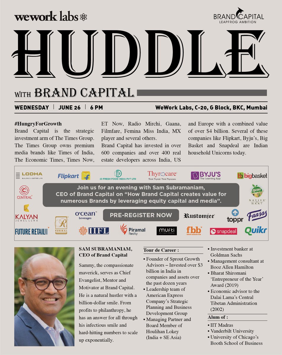 #HungryForGrowth? Join in for an evening of conversation with Sam Subramaniam as he shares his experience on growth strategies, fund raising and use of media with the #entrepreneurial community. <a href="/WeWorkIndia/">WeWork India</a> #BKC #Mumbai, 26 June 6PM onwards.
Pre-register: bit.ly/HuddleBKC