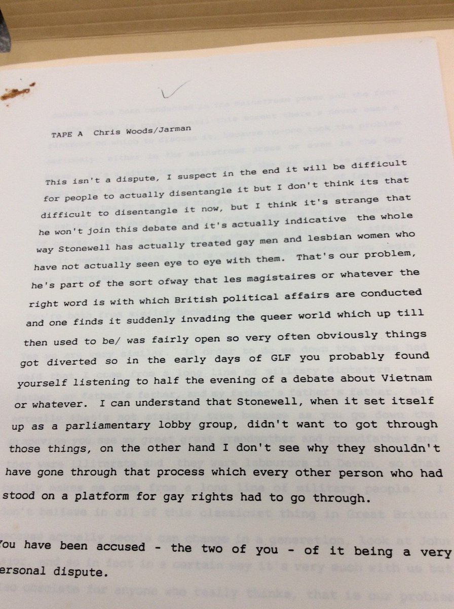 _gillianmurphy's tweet photo. We are still adding to our Hall-Carpenter Archives @LSELibrary. First up are papers for Derek Jarman's book 'At your own risk'  including typescript of talks between Jarman and Christopher Woods. #LSELGBT https://t.co/tJ9Rob7msU