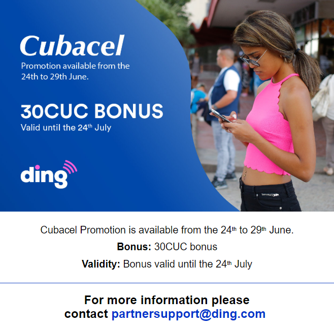 DingConnect's tweet photo. We have a new Cubacel Promotion available from the 24th to 29th June. 
Bonus: 30CUC - Validity: Bonus valid until the 24th of July https://t.co/gi5BZ12n58