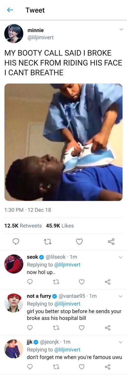 nmkkism's tweet photo. minjoon au where joon and jimin are friends with benefits and jimin fractures joons neck by riding his face uwu https://t.co/q2Lt5d5Yt2