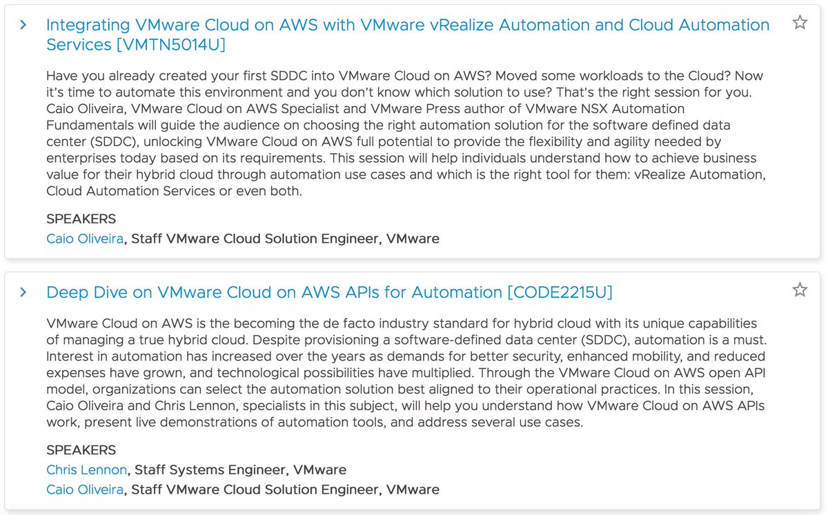 virtcaio's tweet image. My @VMworld sessions! #RunVMC #VMwareCloudOnAWS #VMware #AWS