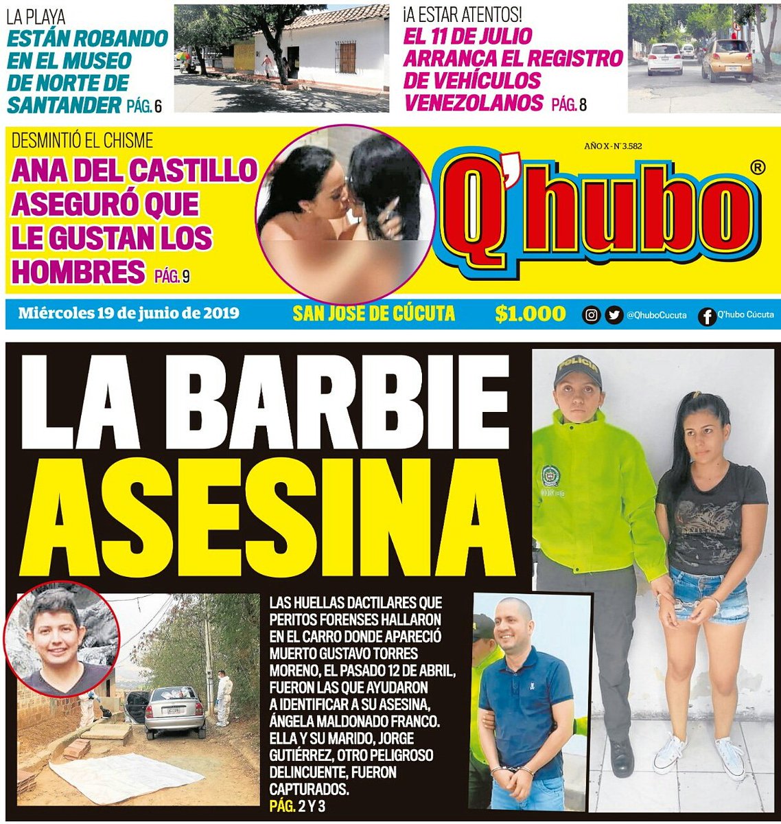 QhuboCucuta's tweet photo. ¡LA BARBIE ASESINA!

Las huellas dactialres que peritos forenses hallaron en em carro donde apareció muerto Gustavo Torres Moreno, el pasado 12 de abril, fueron mas que ayudaron a identificar a su asesina, Ángela Maldonado Franco. Ella y su marido fueron capturados (Págs.2 y 3). https://t.co/qJ5xhFWN0h