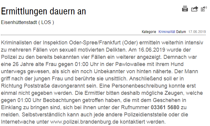 #Eisenhüttenstadt: Unbekannter nähert sich nachts einer Frau, die mit ihrem Hund unterwegs ist, von hinten, greift nach ihr und fasst sie unsittlich an - rennt danach davon
#MeToo
https://polizei.brandenburg.de/pressemeldung/ermittlungen-dauern-an/1507245 …