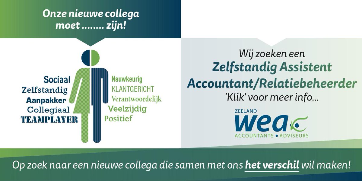 WEA Zeeland is voor haar vestiging in Oostburg op zoek naar een Zelfstandig Assistent Accountant/ Relatiebeheerder. Kom jij ons team versterken? #vacature #relatiebeheerder bit.ly/2RJOjkP