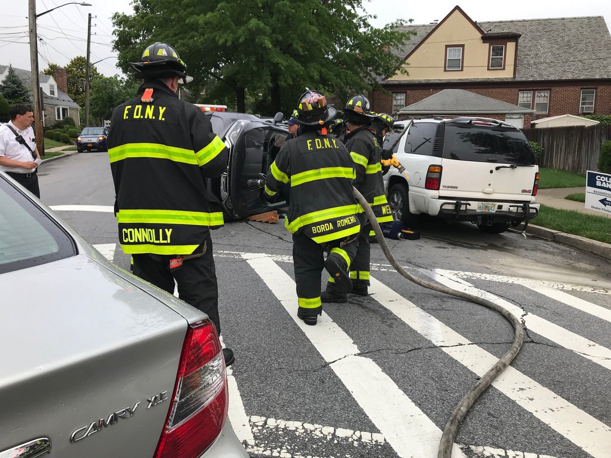 FDNY's tweet photo. #FDNY members operated earlier this morning on scene of a 2-car motor vehicle accident on 32nd Ave and Utopia Pkwy #Queens. #Engine320 #Ladder167 stabilized and extricated the individual from the overturned vehicle. There is one serious but non-life-threatening injury reported https://t.co/Hz3iOakX2D
