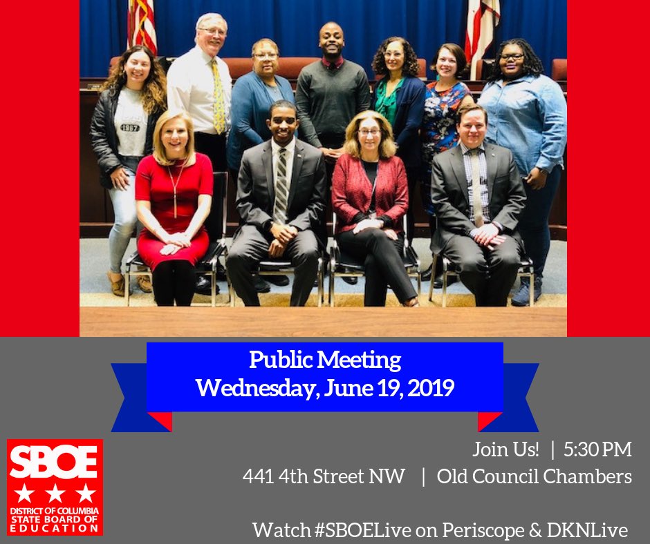 DCSBOE's tweet photo. Tonight: Join us at our public meeting! #ESSATaskForce Recommendations, Student Advisory Committee Report, &amp; more!
 
🗓 Wednesday, June 19
⏰ 5:30pm
📍441 4th St. NW
 
Watch #SBOELive on #Periscope ➡️ 5:30 pm https://t.co/zAT4ggn9yc