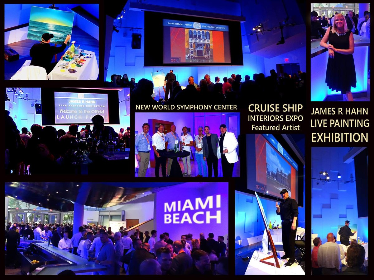Kayhahn1's tweet photo. The James R Hahn Live Painting Exhibition rocked the stage last night at the #NewWorldSymphonyCenter for the launch party of the #CruiseShipInteriorsExpo in Miami Beach. #jameshahn #KHahn https://t.co/mcIBX9qKq4