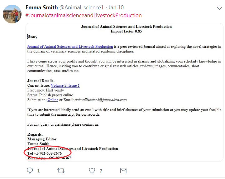Here is a screenshot of the note “Emma” ( @Animal_science1) sends out on Twitter to solicit for submissions. See the phone number? [photo one] This number is the same number listed with OTHER predatory journals [see photo two]  #connectthedots 20/n