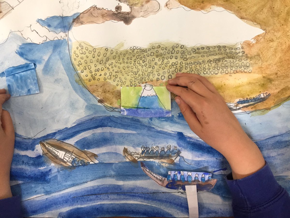 Exploring Hokusai Great Wave. Going big, adding moving boats, Bond style moving mountains and downright gorgeous use of line and watercolour @brighton_art @OurFutureCityBH @ArtsworkLtd #artinschools #kidscreativity @artmattersldn @ArtsAward #afterschool #primaryart