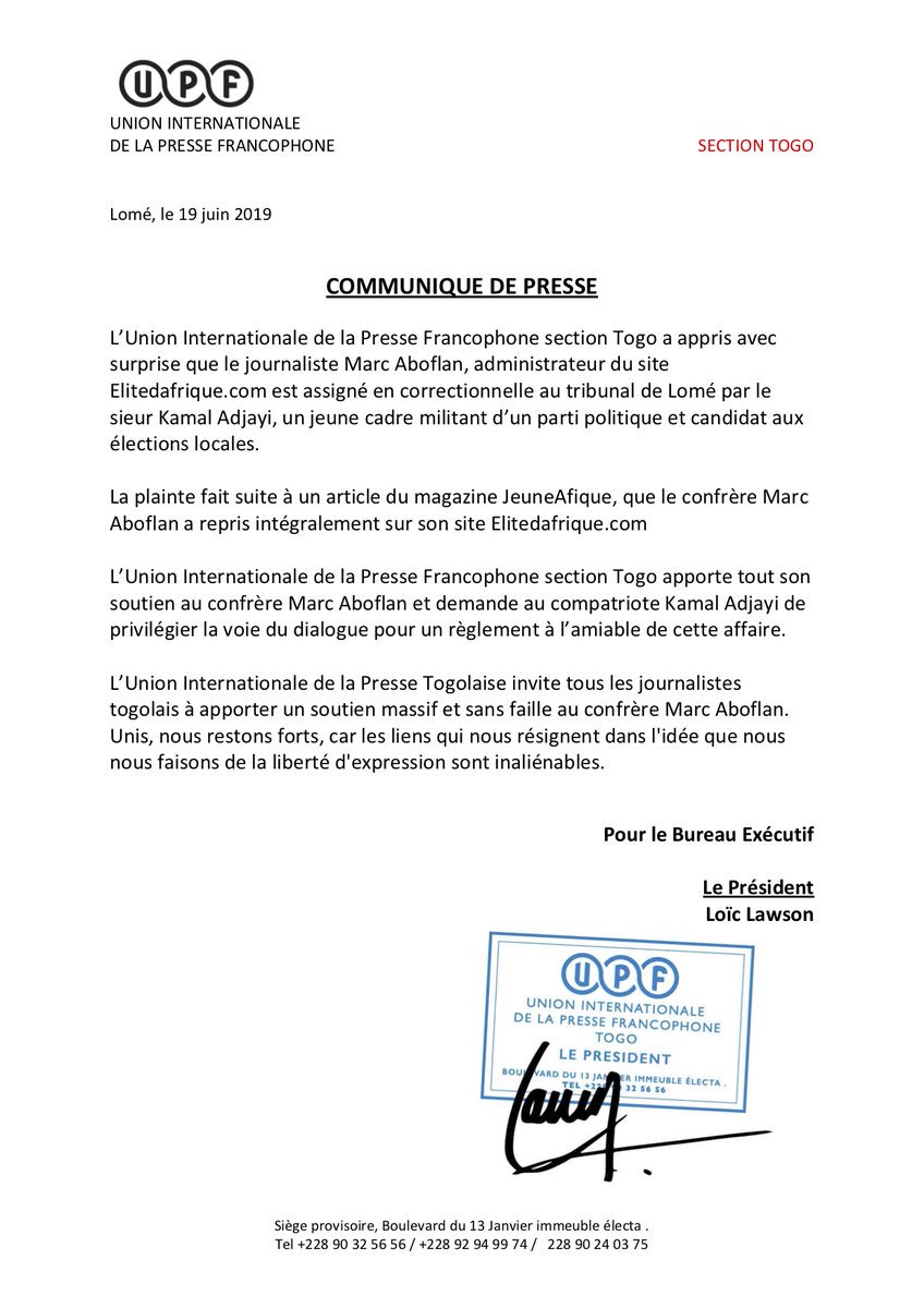 TigossouElom's tweet photo. La rédaction de @redacteurlibre est solidaire avec @marcaboflan qui a le soutien de @TogoUpf dans une affaire judiciaire contre Kamal Adjayi ( en boubou blanc en campagne actuellement pour les locales à Lomé) @CPJAfrica @loiclawson1 @FreedomofPress @RSF_fr @jeune_afrique #Togo https://t.co/QBrsqAmMtV