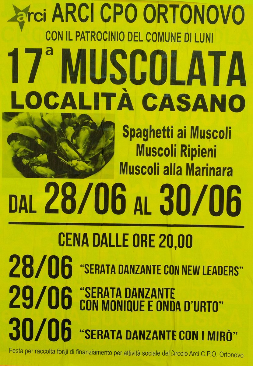 ArciValdiMagra's tweet photo. 17ettesima #Muscolata al Circolo Arci CPO Ortonovo a #Casano di #Luni dal 28 al 30 giugno: ogni giorno cena dalle 20 e serata danzante, non mancate! #piùculturamenopaura https://t.co/MLFSVB8fFn