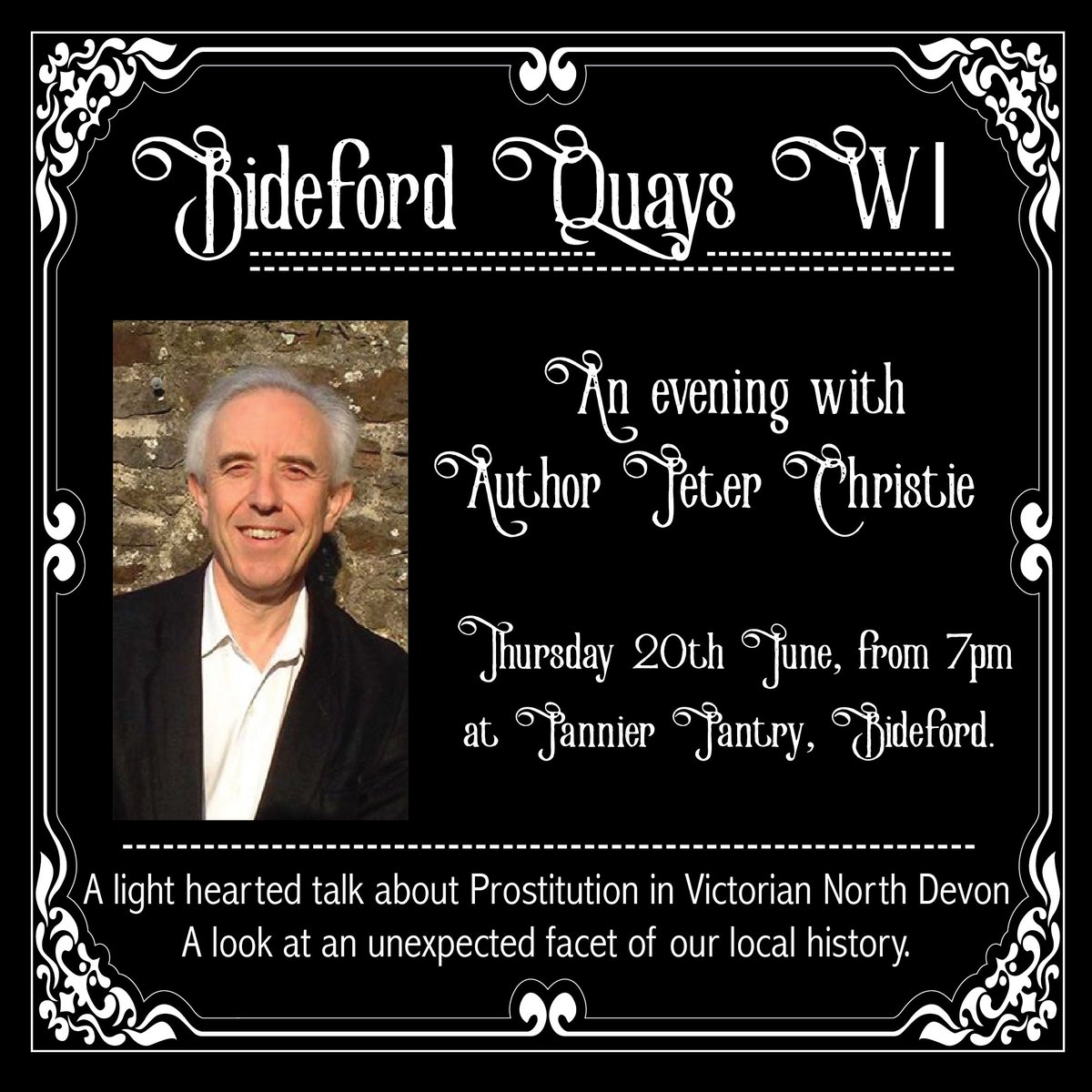 BidQuaysWi's tweet photo. We're looking forward to welcoming local author and historian Peter Christie. Head to Pannier Pantry, Bideford tomorrow, 20th June from 7pm. We look forward to seeing you there! #BQWI #bidefordquayswi @WomensInstitute @GreatDevonDays #bideford https://t.co/knAkFd9ahL