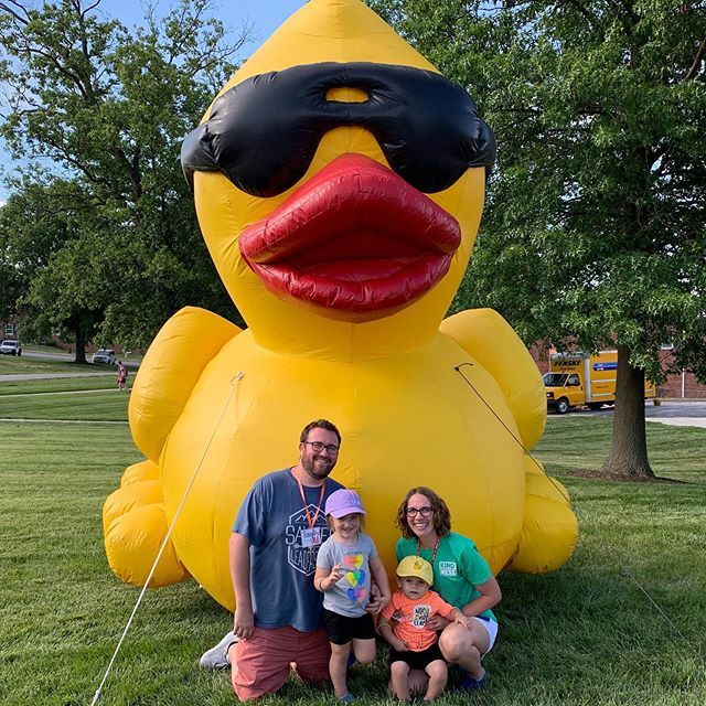 taylortholen's tweet photo. One goal of this summer is to take more pictures as a whole family. Ladies and gentlemen.... my first submission. This is from the kids handoff/visit at camp last week. They were both pumped to see this huge duck. 
#Fulton19 #dailyBetsyfix #meetMoe https://t.co/SU6CGWQDwa https://t.co/G003UivzWx