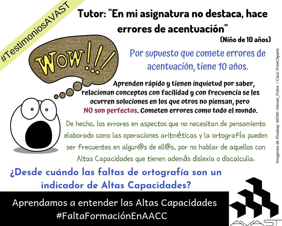 Asoc_AVAST's tweet photo. Algunos mitos son muy resistentes. El que mostramos hoy en nuestro #TestimoniosAVAST es muy frecuente, la idea de que deben ser perfectos en todos. ¿Cuándo quedará claro que el alumnado con #AACC ni es perfecto ni saca 10 en todo? #FaltaFormaciónEnAACC https://t.co/ysrQXBVh0u