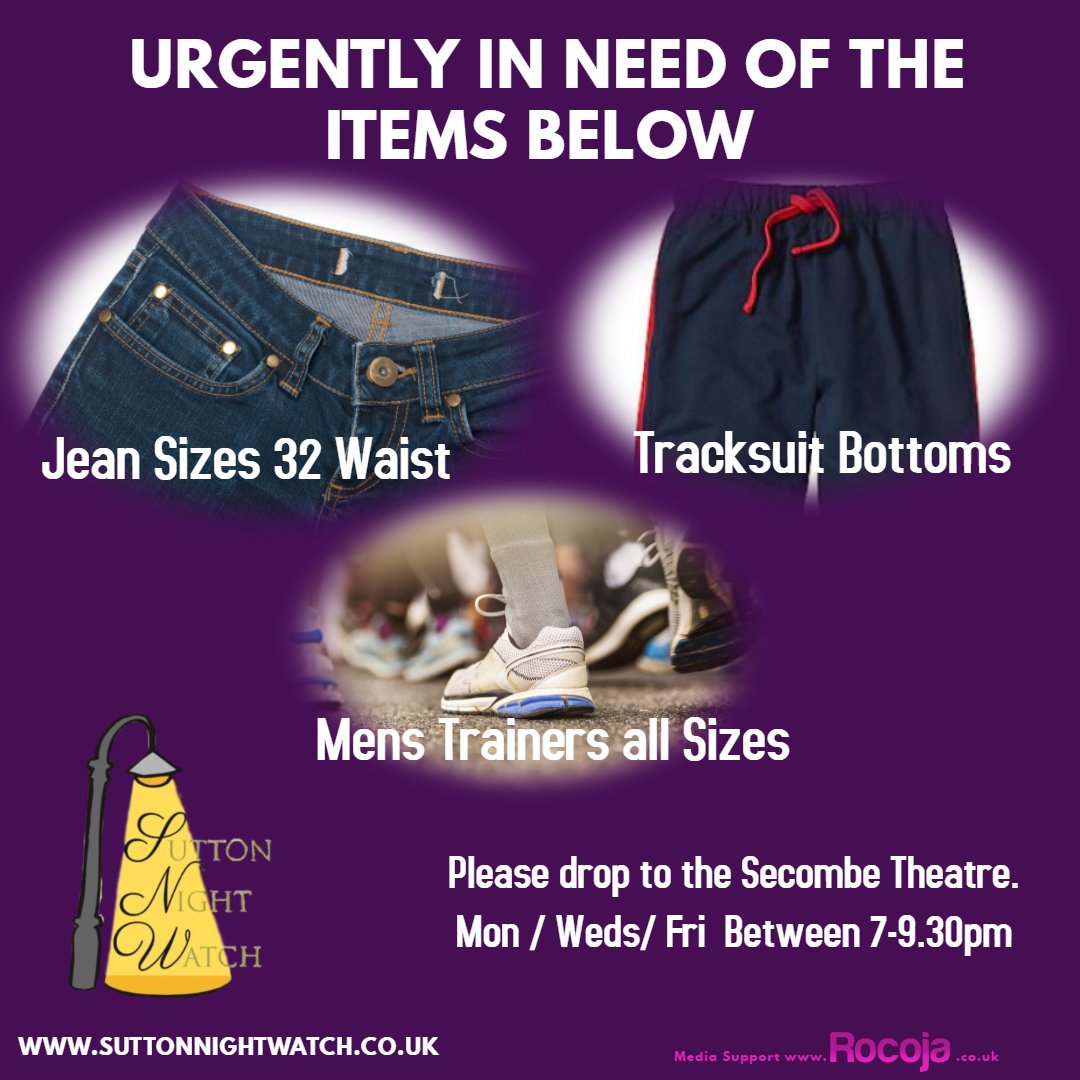 Snwhomeless's tweet photo. We are looking for the following items - #Tracksuits #Trainers #Jeans - Can you help? Thank you. #SNWHomeless #SNW https://t.co/REZOsmdP4Q