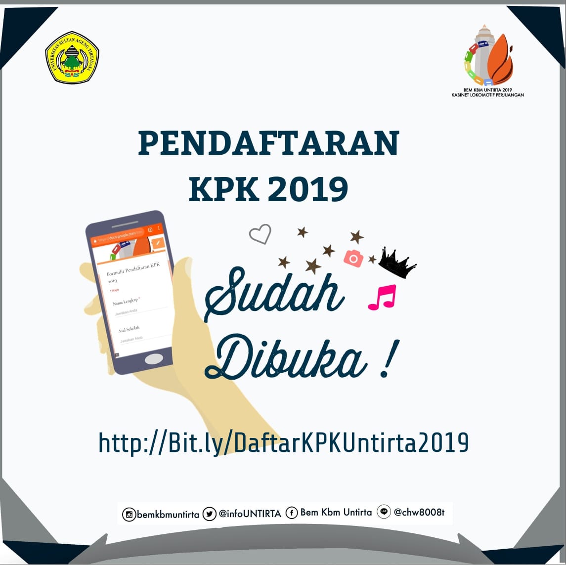 [ KPK UNTIRTA 2019 ]

HALO PARA TIRTAYASA MUDA🔥

Buat kalian yg dari kemarin menanyakan KPK UNTIRTA, Kini link pendaftarannya sudah ada, dan sudah dibuka.
Mari daftarkan dirimu dalam kegiatan ini dgn cara mengisi biodatamu dilink berikut :
Bit.ly/DaftarKPKUntir…
#BEMUntirta2019