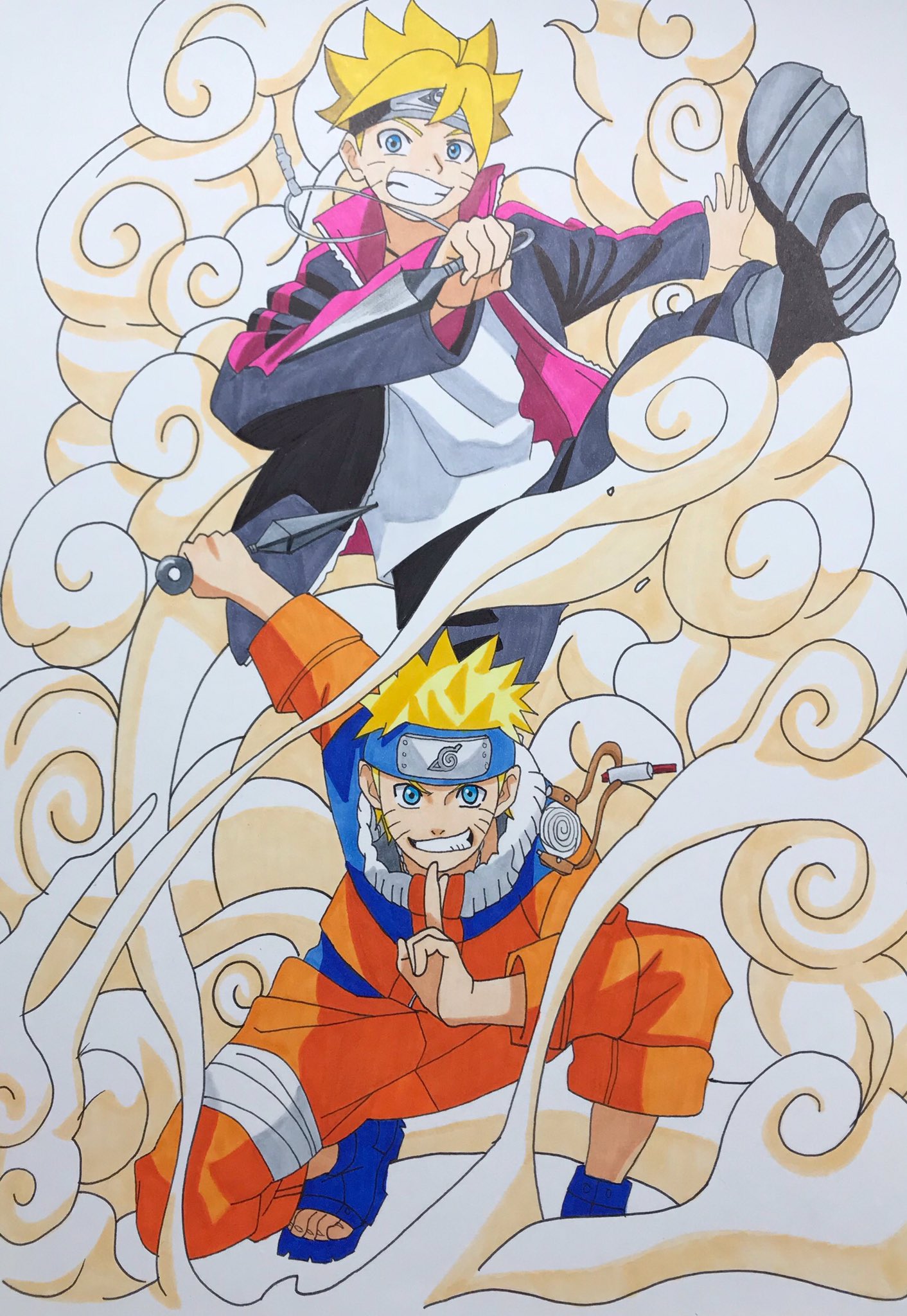 黒豆 サイズに描くのが 一番スッキリするなぁ Naruto Boruto うずまきナルト うずまきボルト イラスト アナログイラスト 模写 コピック 色鉛筆 絵描きさんと繋がりたい Illustration Art Drawing Pencil Copic Anime Comics Analog