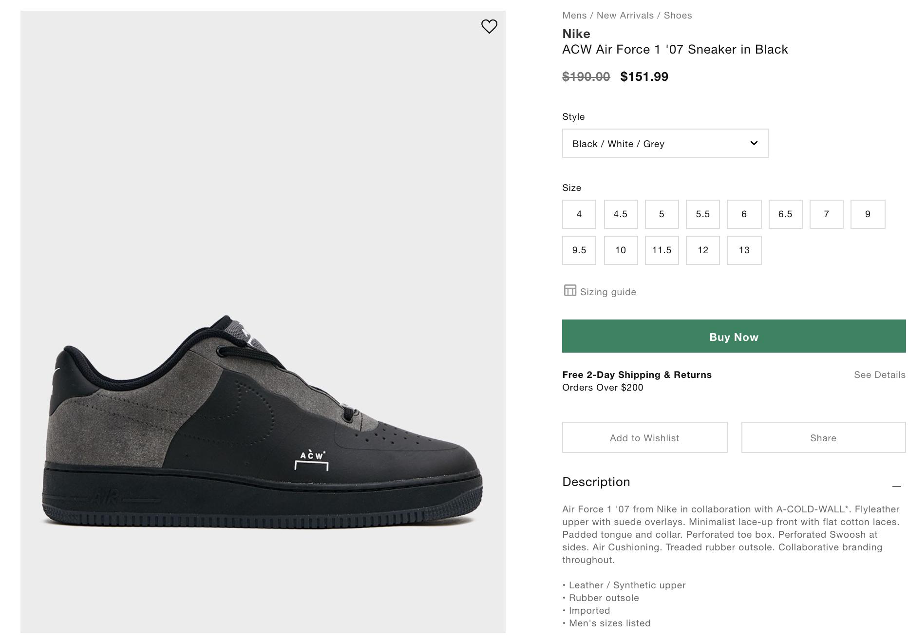 a cold wall air force 1 sizing