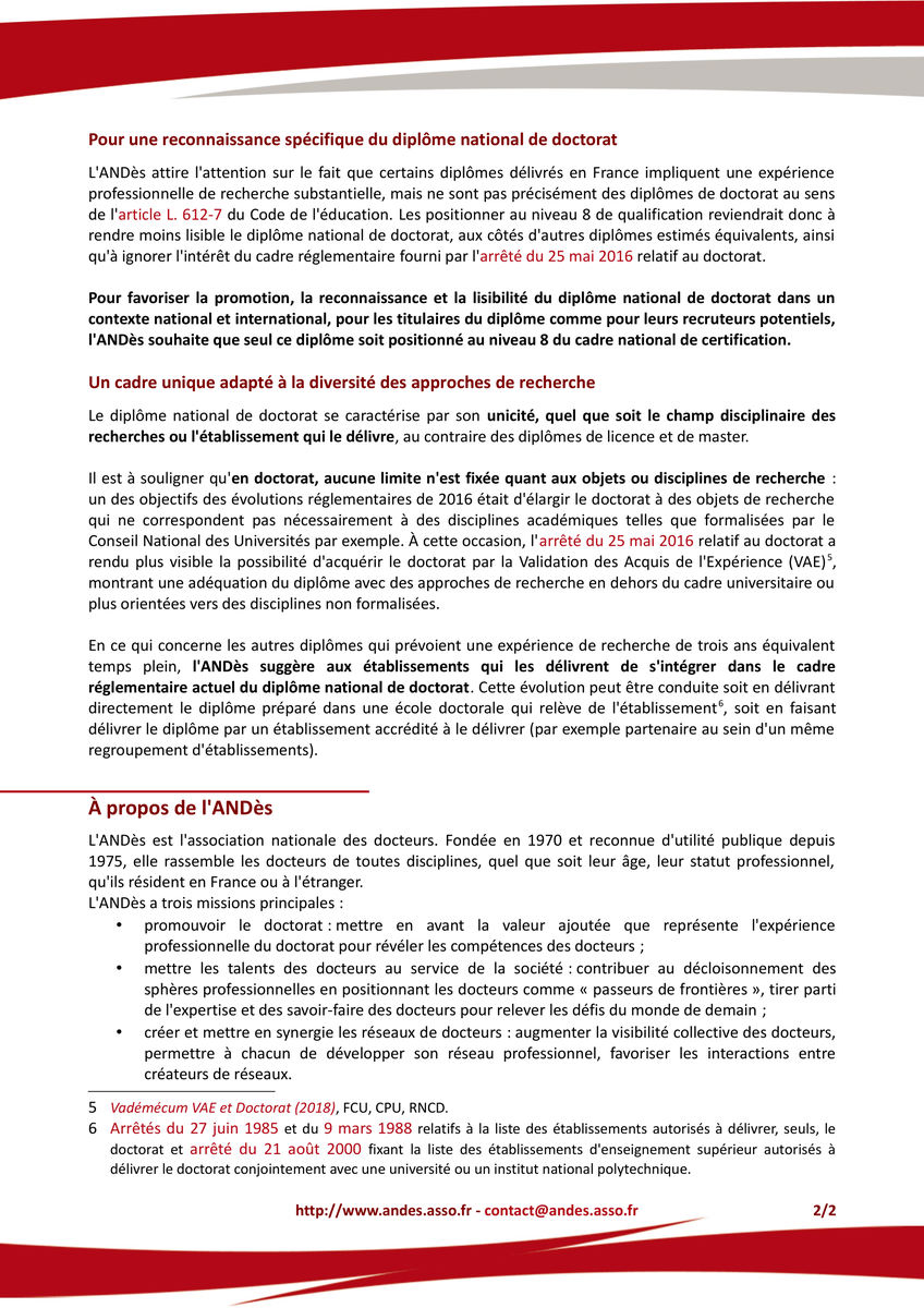 L'État Français a récemment reconnu les compétences développées par les docteurs  et le haut niveau des connaissances produites par leur expérience de recherche, et donc, a inscrit le diplôme national de doctorat (PhD) au Répertoire National des Certifications Professionnelles