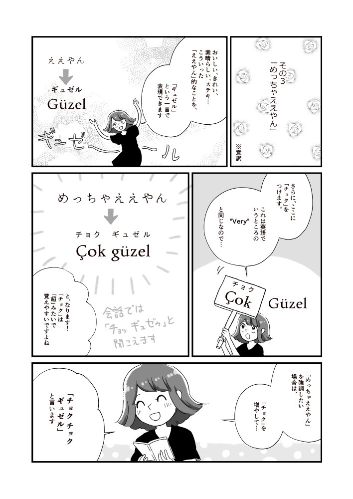 「トルコ語のこと描いてみました その2。 今回は「めっちゃええやん」(意訳)です。 」野宮レナの漫画