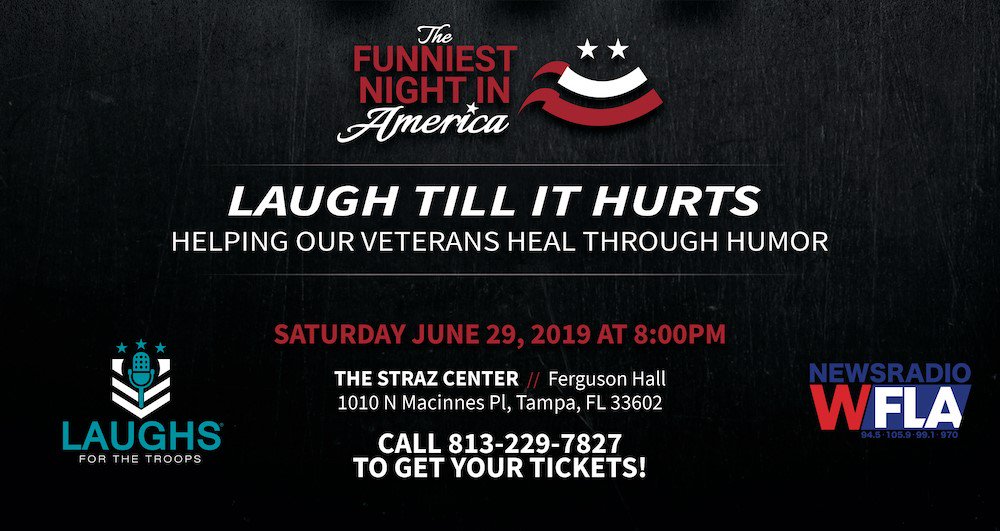 Laughs4TheTroop's tweet photo. #Tampa friends, our next Funniest Night in America will be at the @StrazCenter next week on June 29! Tickets: https://t.co/gOzLnUBsEY or 813-229-7827!
#LaughterHelps #LaughterHeals
#PTSDAwareness #SupportL4TT https://t.co/35YVWYoM15