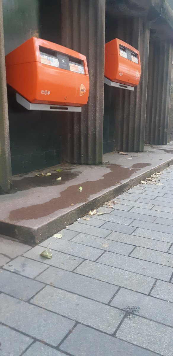 Twee rode postbussen van postnl.
1 is klein en 1 is groot, deze zijn geplaatst op een verhoging waardoor je met een rolstoel er niet bij komt.