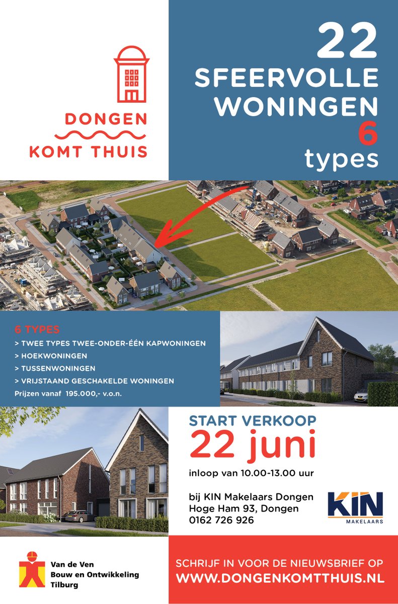 Kinmakelaars's tweet photo. Zien we je zaterdag tussen 10 en 13u bij ons op kantoor voor de start verkoop van 'Dongen komt thuis' Fase IV? Tot zaterdag! #nieuwbouw #dongen #huis #woning #beljaart #gasloos #tussenwoning #hoekwoning #tweekapper #vrijstaandgeschakeld #vanaf195000euro https://t.co/Tr9aQUn6tj