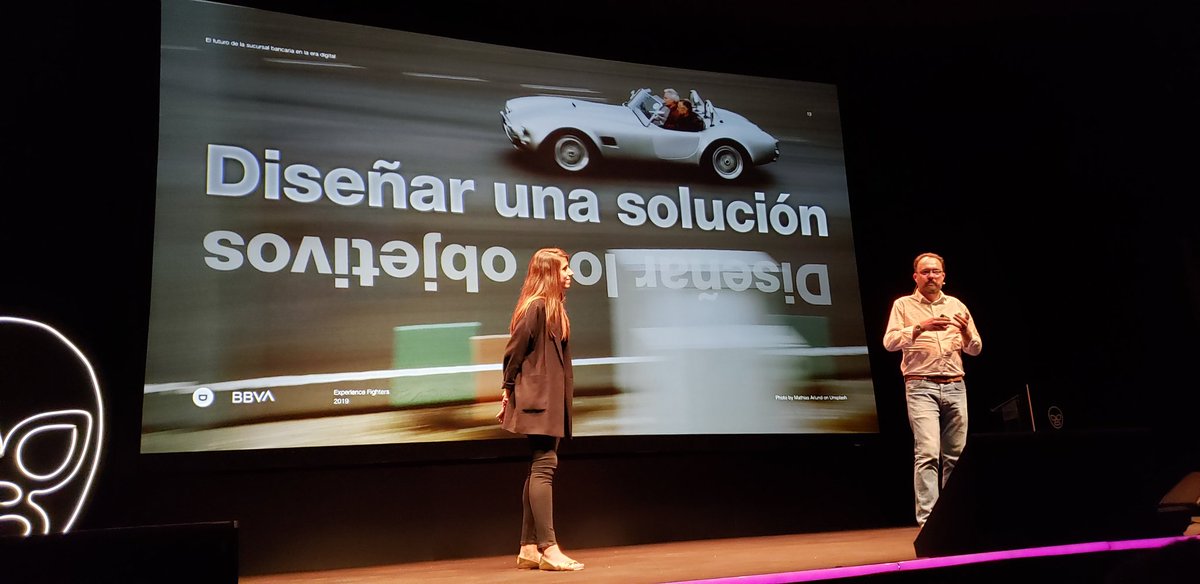 JackStockholm's tweet photo. David de Prado and Veronica Bello at @Designit nail holistic design for BBVA. "If it has no clear business impact it is not a good design, and Good design always requires a change to how we're doing business." #exp19 @expfighters #ux https://t.co/7AGUNNzOvy