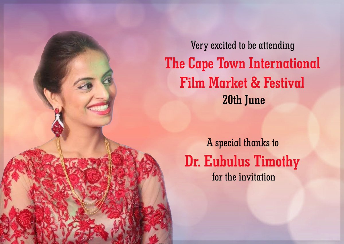 Saumya272799's tweet photo. Excited to be attending the CTIMF Event. My heartfelt thanks to Dr. Eubulus Timothy. Looking forward to event tomorrow on 20th June 2019.
@eubulustimothy #ctifmf2019 #ctimfestival #ctimf19 #filmfestivalcapetown #moviescreening #eubulustimothy #moviedirector #deependmovie https://t.co/6K8aavgEB9