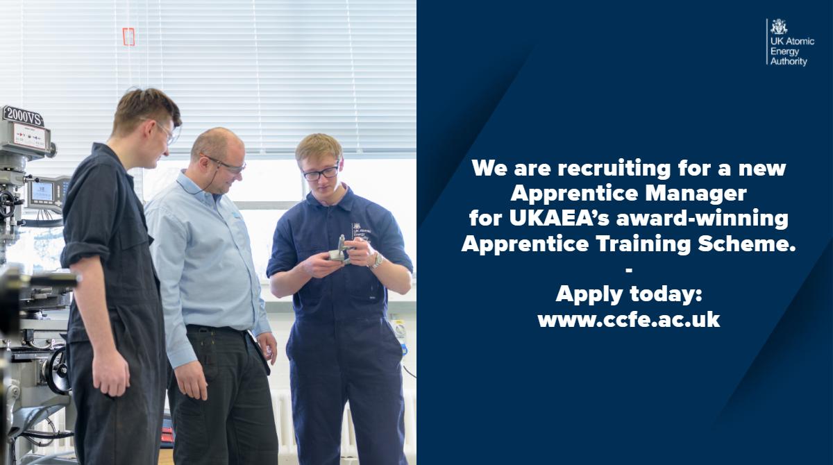 Are you an engineer or have completed an engineering apprenticeship? Would you like to use your skills to grow the next generation of #engineers? The #UKAEA Apprentice Training Scheme is expanding &amp; we are looking for a new Apprentice Manager.
Apply today: ccfe.ac.uk/Jobs.aspx