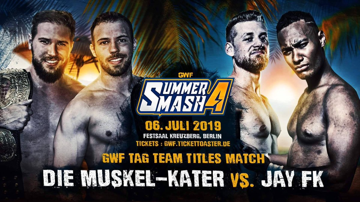 WeAreGWF's tweet photo. The GWF tag team titles will be on the line when #DieMuskelKater have to defend their gold against one of the best teams in Germany: #JayFK - @JaySkillet and @itzkaspin // Infos &amp; Tickets on https://t.co/MvZ2pzF9cB https://t.co/cOX01JZ7Ue