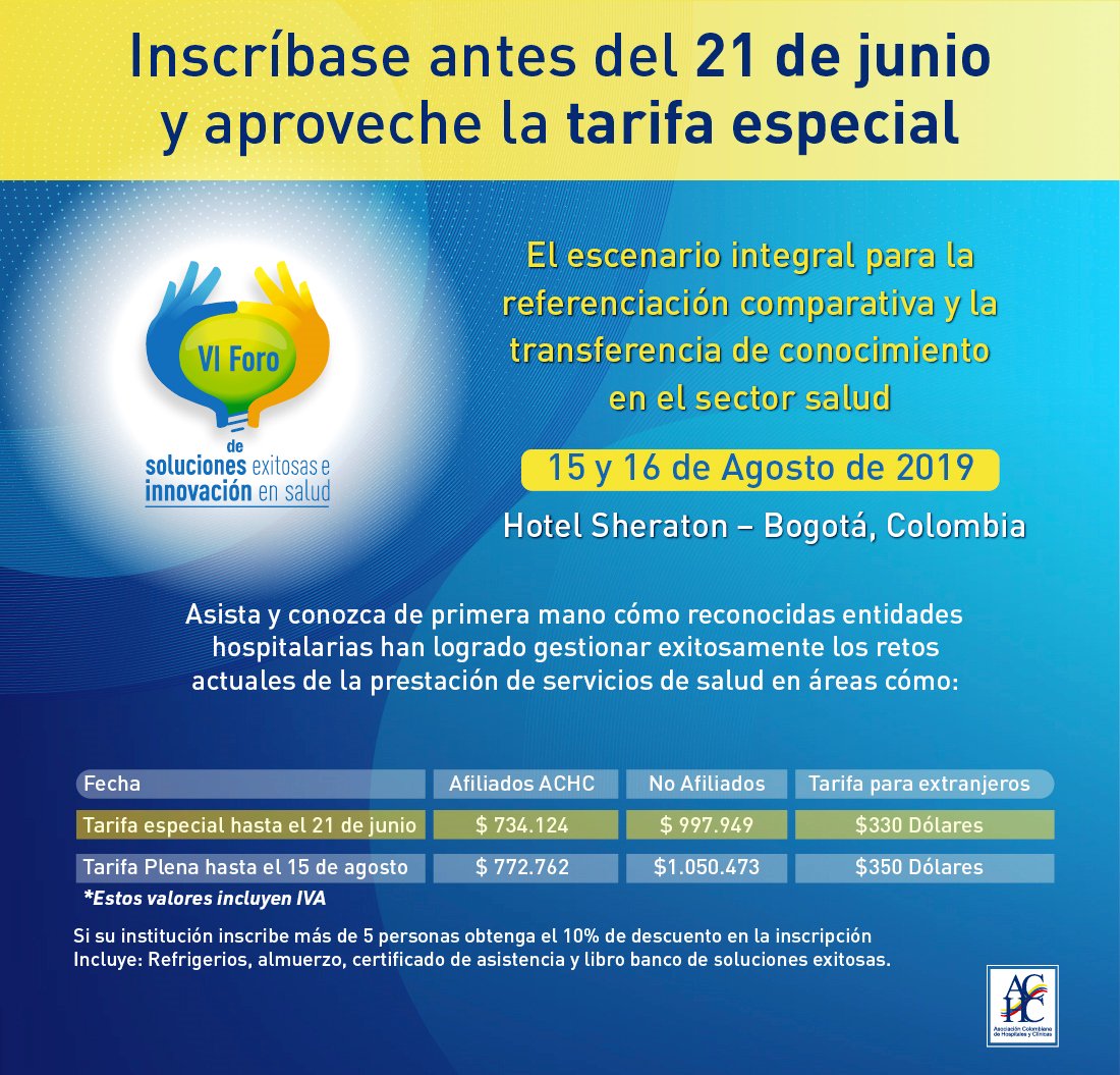 ACHC_Col's tweet photo. Conozca cómo reconocidas entidades hospitalarias de Colombia, Brasil, México y Argentina han logrado ser exitosos en la gestión clínica y administrativa. Inscríbase ya al VI Foro de Soluciones Exitosas e Innovación en Salud. https://t.co/hmYHsUokaC https://t.co/hTcymYncMK