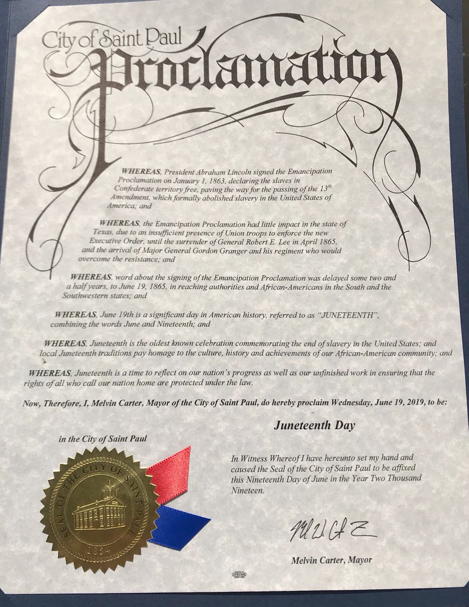 Whereas, #Juneteenth is a time to reflect on our nation’s progress as well as our unfinished work in ensuring that the rights of all who call our nation home are protected under the law. 

I hereby proclaim Wednesday, June 19, 2019 Juneteenth Day in the <a href="/cityofsaintpaul/">City of Saint Paul</a>.