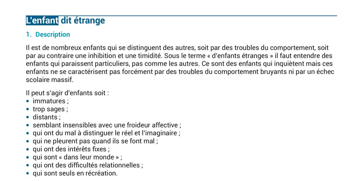 2vanssay's tweet photo. Au primaire et au collège je présentais au moins 6 de ces 10 caractéristiques... Étais-je une enfant "dite étrange" ? 
Aurais-je dû être repérée ? 
dépistée ? 
soignée ? 🔎😷
Je suis assez soulagée qu'on m'ait fichu la paix à vrai dire... https://t.co/ZDesdvFNQO