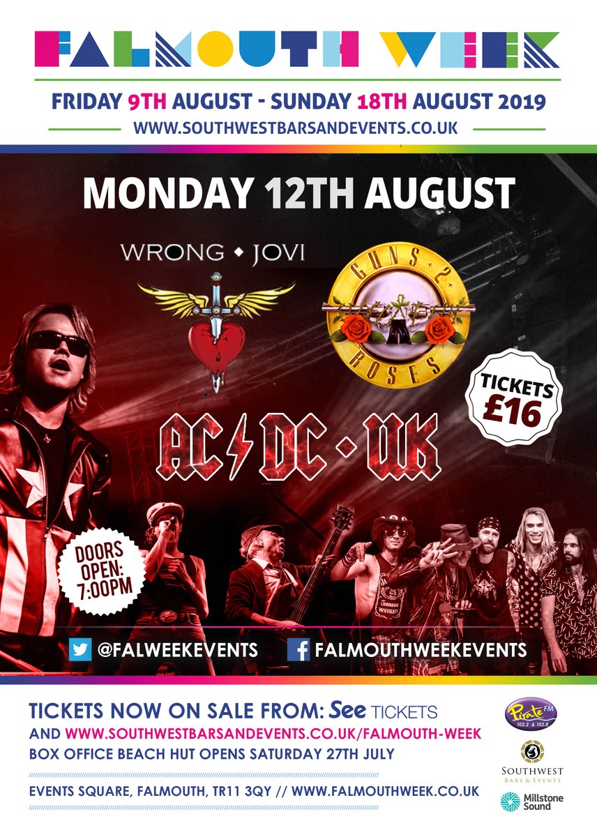 ROCK ON! Get your tickets now for an epic night of rock on Monday 12th August with Wrong Jovi, Guns 2 Roses and AC/DC UK. 

Tickets on sale NOW: bit.ly/2WO5M9f 
Brought to you by <a href="/SouthwestBars/">Southwest Bars</a> #FalmouthWeek
<a href="/WrongJovi/">Wrong Jovi</a> <a href="/Guns2RosesUk/">GUNS 2 ROSES - THE GUNS N ROSES TRIBUTE</a>