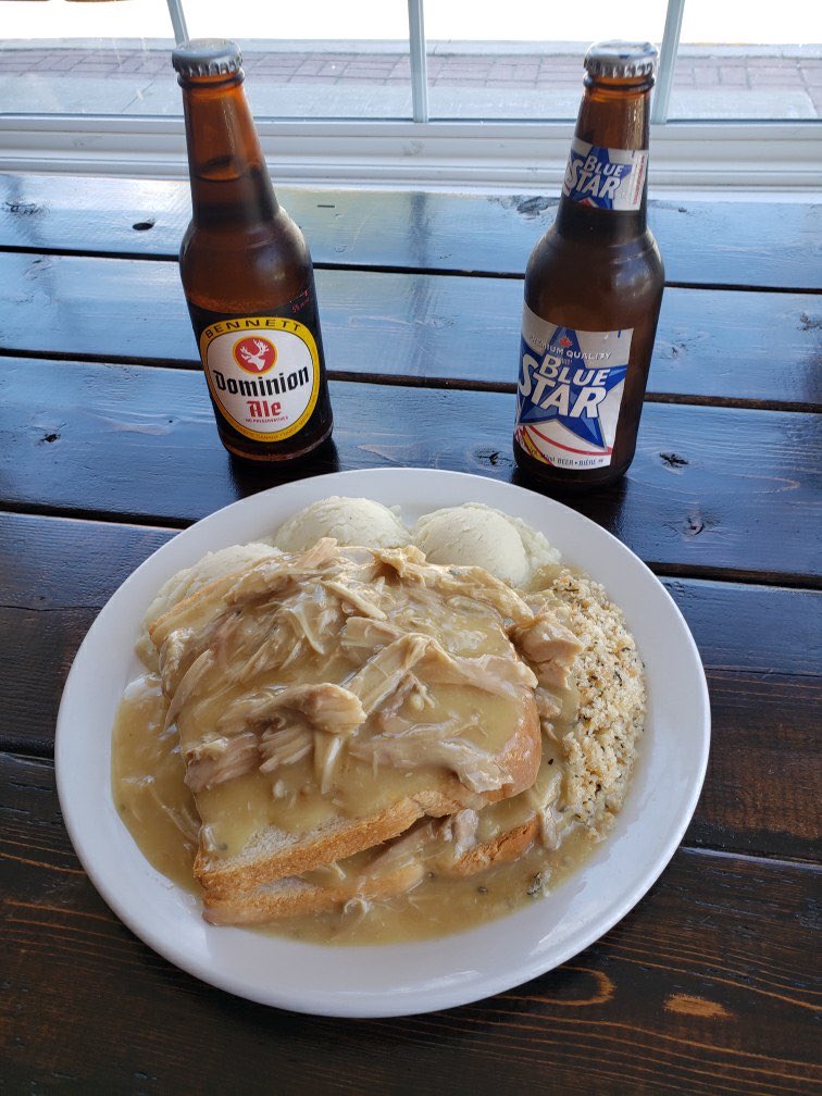 thenlembassy's tweet photo. Come by for a bite just like Nans, a hot turkey sandwich between 2 slices of homemade bread, with our own house made dressing, with mashed potatoes for $12.99, and a Bluestar or Dominion for $4.50, here at the Embassy folks.
#hotturkey #justlikenans https://t.co/vNVHAtC8tg