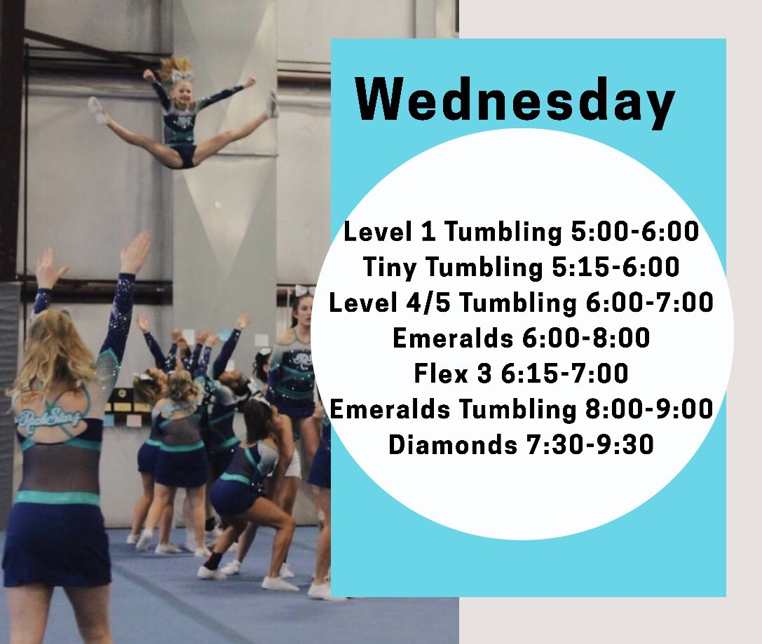 RSAllStars's tweet photo. Wednesday 💙
Level 1 Tumbling 5:00-6:00
Tiny Tumbling 5:15-6:00
Level 4/5 Tumbling 6:00-7:00
Emeralds 6:00-8:00
Flex 3 6:15-7:00
Emeralds Tumbling 8:00-9:00
Diamonds 7:30-9:30 
#13arockstar https://t.co/Zza8awGhfB