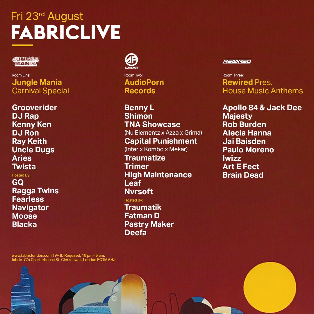 JUST ANNOUNCED: Jungle Mania, AudioPorn Records &amp; Rewired kick off the Carnival weekend. Full line-up unveiled. 🤯
Grab advance tickets via our website now: fabricldn.co/66zu3h
