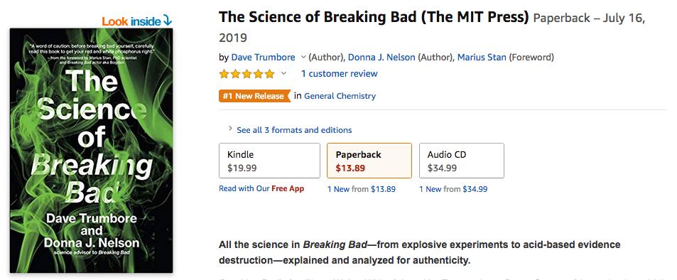 DrClawMD's tweet photo. Heck yeah! "The Science of #BreakingBad" is the #1 New Release in General Chemistry on Amazon! 

All my GenChem students / alumni, tip your flasks up! 👩‍🔬👨‍🔬🧪 https://t.co/8W4WHGfSUK